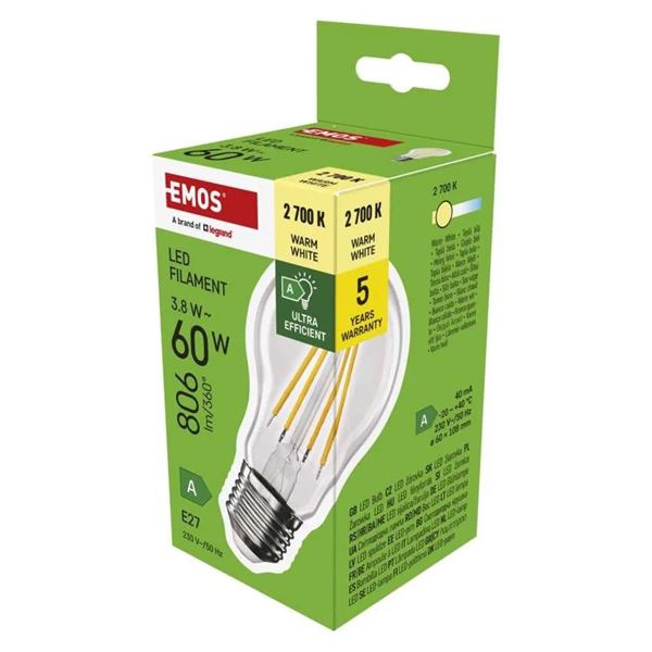 LED žiarovka Filament A60 3,8W E27 teplá biela, A CLASS
