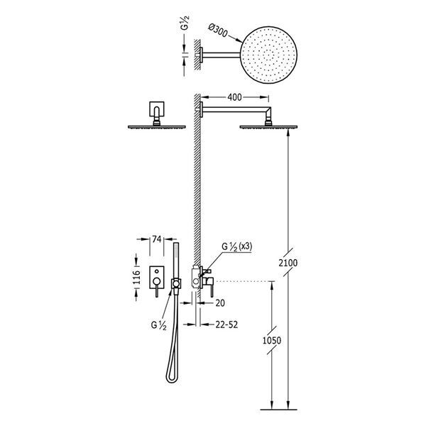 Set sprchový TRES MAX podomietkový komplet s ručnou a hlavovou sprchou, chróm