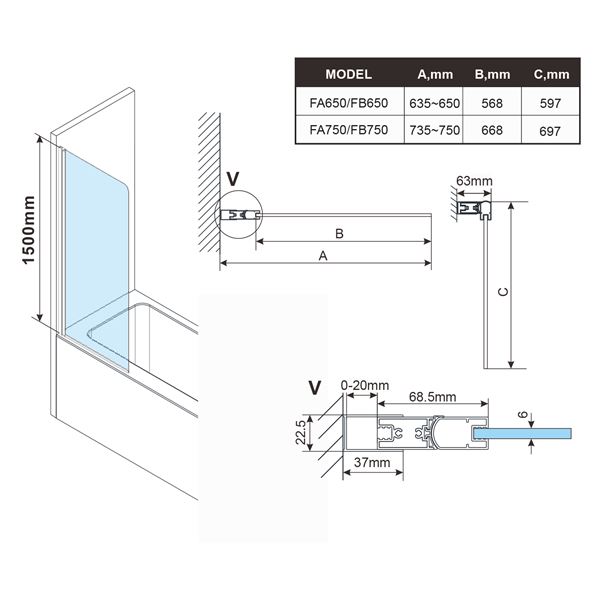 Zástena vaňová Polysan ROTA 65 × 150 cm, číre sklo